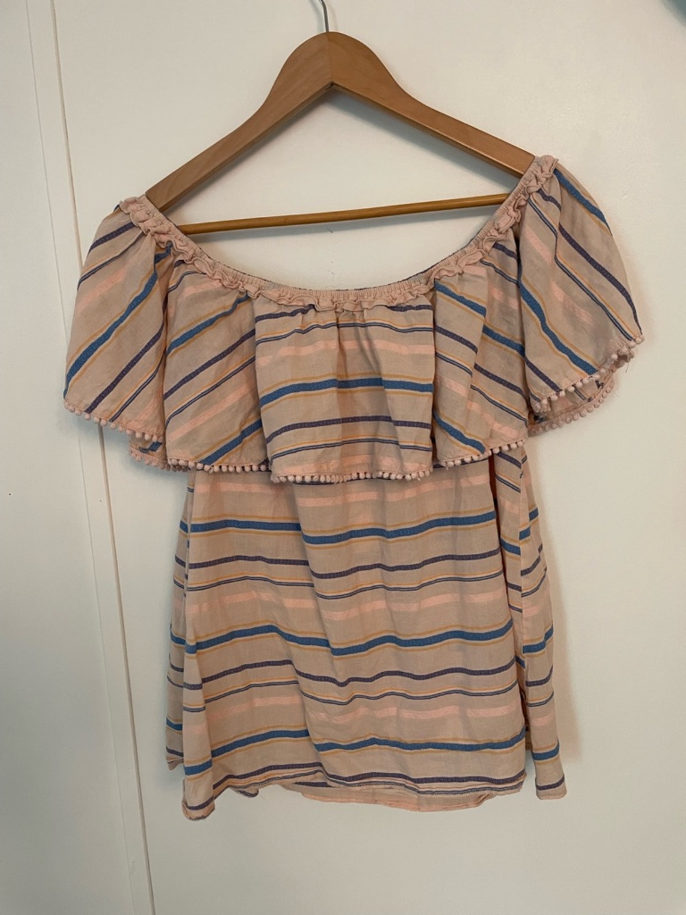 Lane Bryant Beige Off-Shoulder Striped Ruffle Top Size 14/16 lightweight Boho - Picture 6 of 10